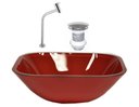 Ver imagem 1 de CUBA DE VIDRO QUADRADA 35CM VERMELHO CEREJA + VALVULA + TORNEIRA METAL