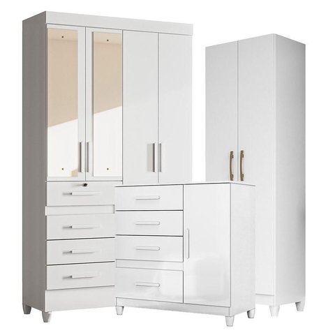 Guarda Roupa com Espelho Infantil Sobral com Cômoda Vênus com Pés e Armário Multiuso New Íris Branco