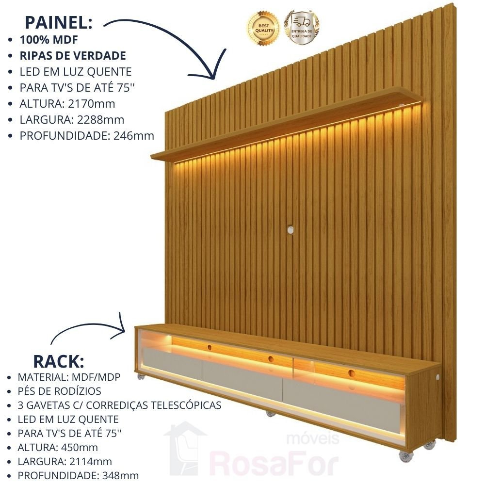 Painel e Rack Ripado com LED e Rodízio Nobre Clean 230 Naturale Off White - Gelius - 3