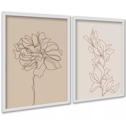 Kit 2 Quadros Flores Linhas Suaves - Bege 24x18cm:moldura Branca - 2