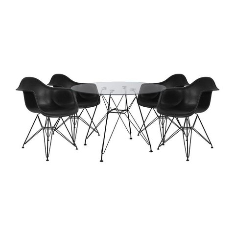 Mesa De Vidro Redonda 90Cm Com 4 Poltronas Pretas Ferro Preto Cor: Preto