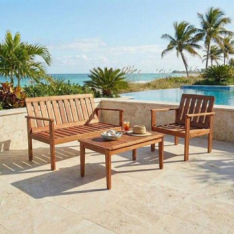 Conjunto para Área Externa de Madeira Maciça Poltrona Namoradeira e Mesa de Centro Yescasa