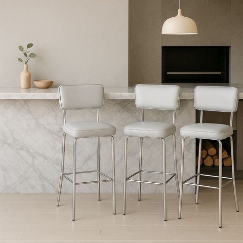 Conjunto 3 Banquetas Olivia Altura 65cm Bar Cozinha Cromada Assento Grosso Confortável Prata Encosto