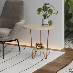 Mesa Lateral Redonda Industrial Italy Ferro Cobre e Tampo Off-white