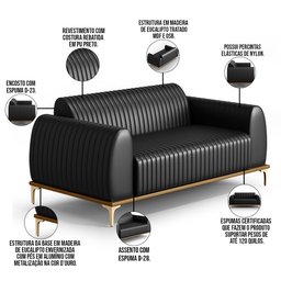 Sofá 3 Lugares para Sala de Estar Molino 180 Cm D02 Pés D'ouro Couríssimo Preto B-159 - Lyam - 4 Sofá 3 Lugares para Sala de Estar Molino 180 Cm D02 Pés D'ouro Couríssimo Preto B-159 - Lyam - 4