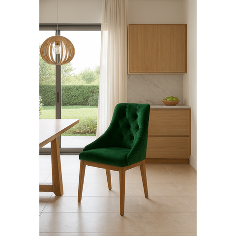 Kit 2 Cadeiras de Jantar Estofada Elisa Anatômica Capitonê Veludo Verde Base Madeira Maciça Mel