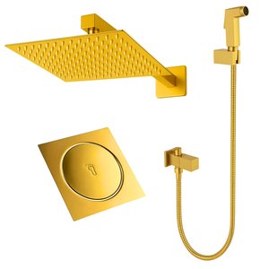 Kit Dourado Ducha Higiênica + Chuveiro Quadrado 20x20cm + Ralo 15x15cm Quadrado Dourado