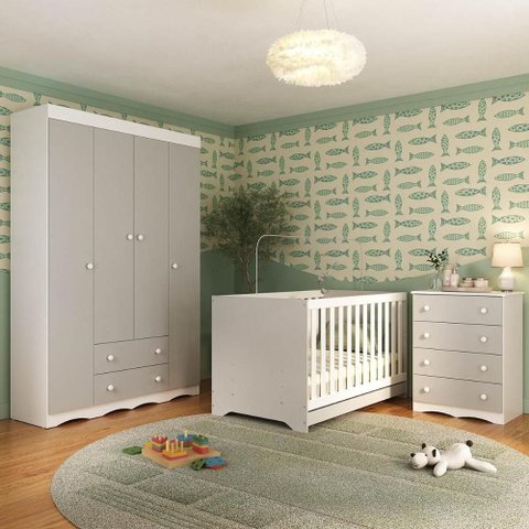 Quarto de Bebê Completo com Berço Americano 3 em 1 Realeza Multimóveis Mp4587 Branco/off White
