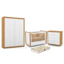Ver imagem 1 de Dormitório Tutto New 4 Portas, Cômoda 4 Gavetas e Berço Branco Soft/Freijó com Colchão D18 - Matic M