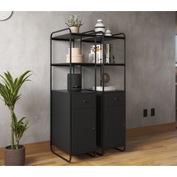 Estante com Porta Gaveta Criare Estilo Industrial Prateleiras Multiuso Escritório Alta Cor Preto - 2