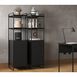 Estante com Porta Gaveta Criare Estilo Industrial Prateleiras Multiuso Escritório Alta Cor Preto - 4