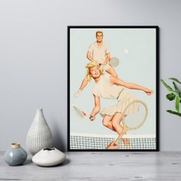 Quadro Vintage Casal Jogando Tênis 45x34cm - com Vidro:madeira Preta - 1