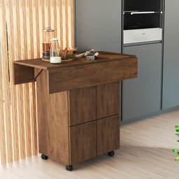 Mesa Aparador Retrátil Basoto Annie com 4 bancos embutidos 100% MDF - Castanho - 3 Mesa Aparador Retrátil Basoto Annie com 4 bancos embutidos 100% MDF - Castanho - 3