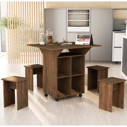 Mesa Aparador Retrátil Basoto Annie com 4 bancos embutidos 100% MDF - Castanho - 2 Mesa Aparador Retrátil Basoto Annie com 4 bancos embutidos 100% MDF - Castanho - 2