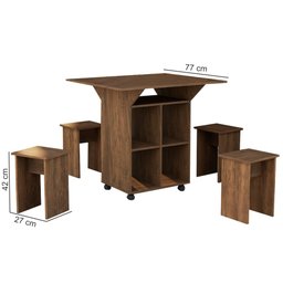 Mesa Aparador Retrátil Basoto Annie com 4 bancos embutidos 100% MDF - Castanho - 5 Mesa Aparador Retrátil Basoto Annie com 4 bancos embutidos 100% MDF - Castanho - 5