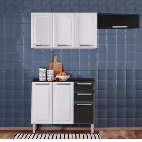 Cozinha Itatiaia Luce 7 Portas com Balcão 2 Gavetas Branco e Armários Aéreos Pretos
