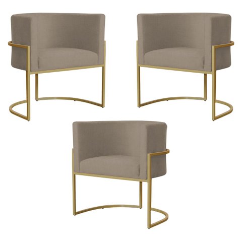 Kit 3 Poltronas Decorativa Sala de Estar Luana Base Gold Suede Cappuccino - Montanaris Decor Md Mont