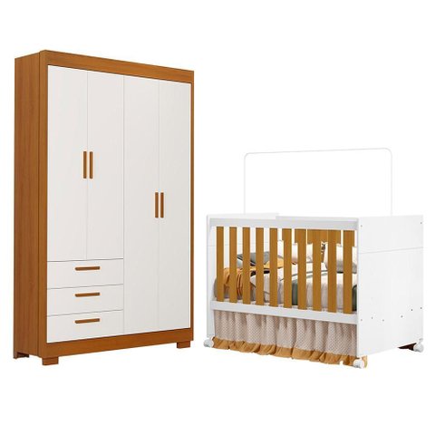 Jogo de Quarto Infantil Zaki Guarda Roupa e Berço Katatau Branco Fosco/savana - Reller Móveis