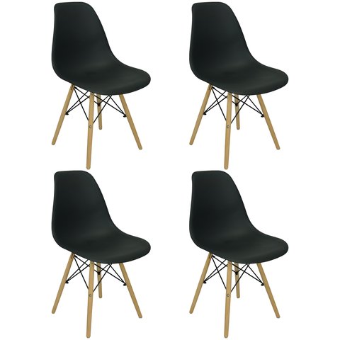 Kit 4 Cadeiras Charles Eames Eiffel Dsw - Base de Madeira Clara - Preto Multicolorido