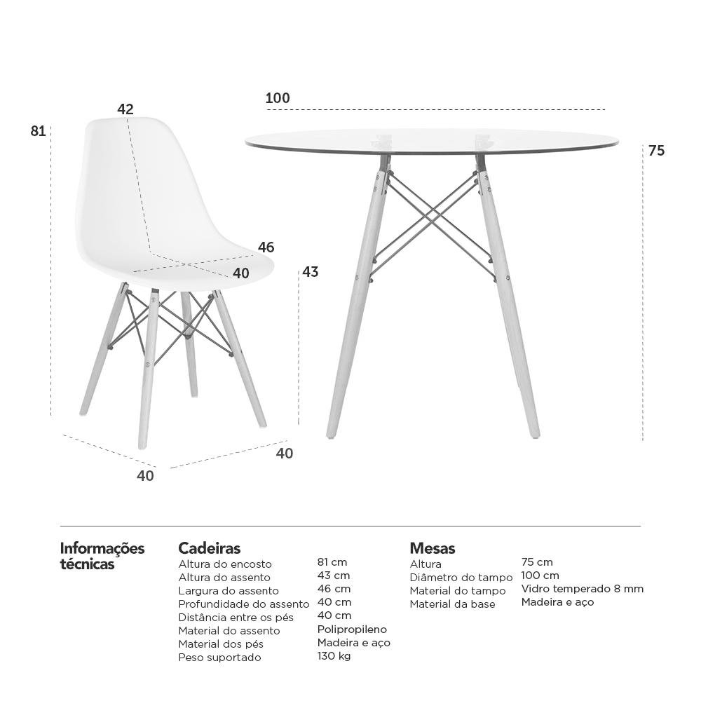 Mesa redonda Eames com tampo de vidro 100 cm + 3 cadeiras Eiffel DSW Laranja - 10