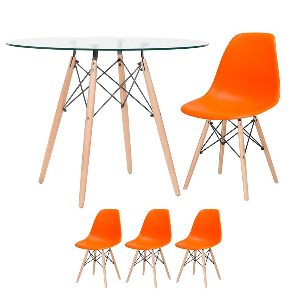 Mesa redonda Eames com tampo de vidro 100 cm + 3 cadeiras Eiffel DSW Laranja - 1