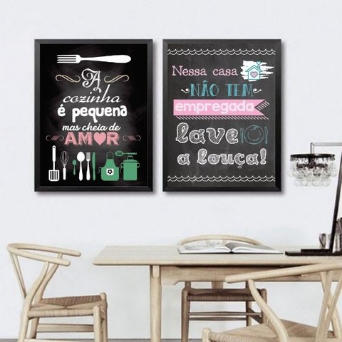 Kit 2 Quadros Cozinha Pequena - Lave a Louça 45x34cm - com Vidro:madeira Preta