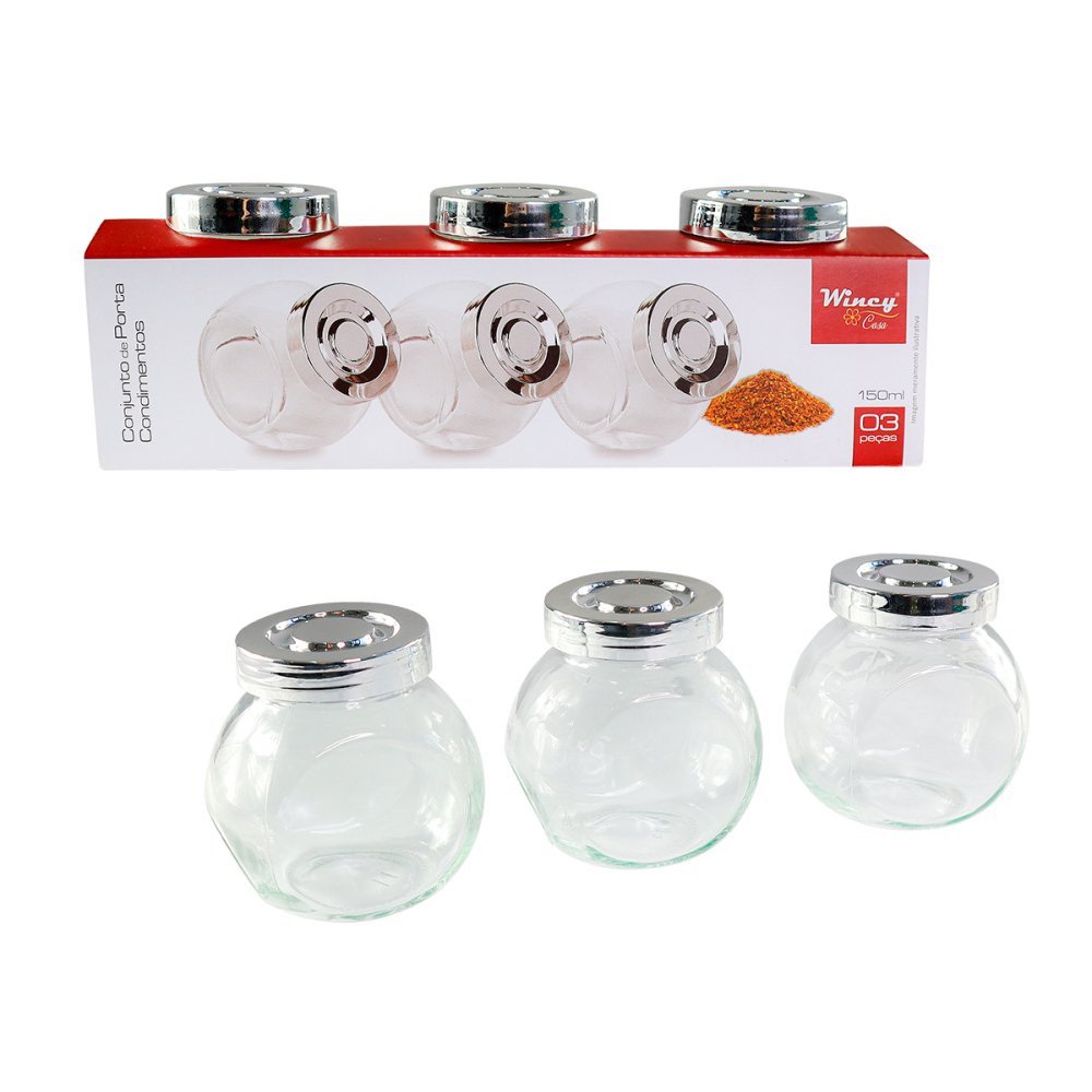 Conjunto Porta Condimentos de Vidro 150ml 3 Unidades Tampa Cromada