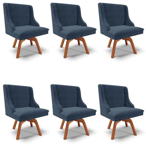 Kit 6 Cadeiras Estofadas Base Giratória de Madeira Lia Suede Azul Marinho - Ibiza
