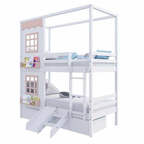 Beliche Infantil Casinha Reta com 02 Janelas 02 Gavetas e Escorregador Madeira Maciça Branco/ Rosa