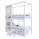 Ver imagem 1 de Beliche Infantil Casinha Reta com 02 Janelas 02 Gavetas e Escorregador Madeira Maciça Branco/ Rosa