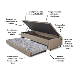 Bicama Box com Baú Solteiro Courino Linho Bege 88x188 Colchão Auxiliar Ecoflex - 5