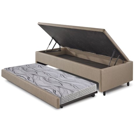 Bicama Box com Baú Solteiro Courino Linho Bege 88x188 Colchão Auxiliar Ecoflex