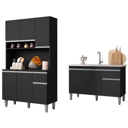 Cozinha Compacta Márcia e Balcão Gabinete Sem Tampo Tatiane 120cm Preto - AJL Móveis - 1