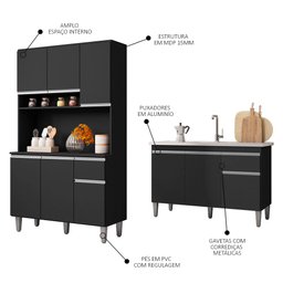 Cozinha Compacta Márcia e Balcão Gabinete Sem Tampo Tatiane 120cm Preto - AJL Móveis - 3