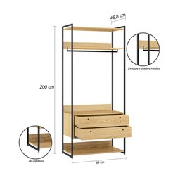 Guarda-roupa Closet Industrial Olivar com Cabideiro 2 Gavetas 89cm - Pinus - 4