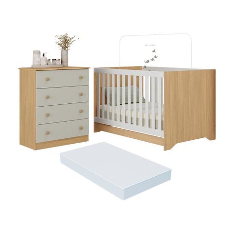 Berço Americano 3 em 1 com Colchão Incluso e Cômoda 4 Gavetas Encanto Multimóveis Mp4699
