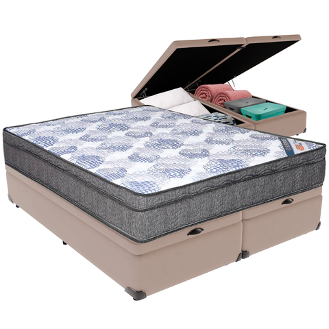 Cama Box Baú Bege e Colchão Iso Superpocket Molas Ensacadas Queen Ortobom