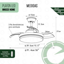 Plafon Ventilador de Teto Retrátil Led Breeze Home Branco + Dourado 30w - 3