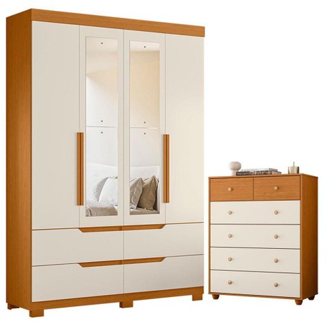 Guarda Roupa Solteiro Doble 04 Portas com Espelho e Cômoda Vittoria Cinamomo Off White - Móveis