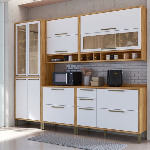 Cozinha Completa Modulada 100% MDF 5 Peças 11 Portas 4 Gavetas e Vidro 274cm Vicenza Espresso Móveis Branco/Amêndoa/Brilho