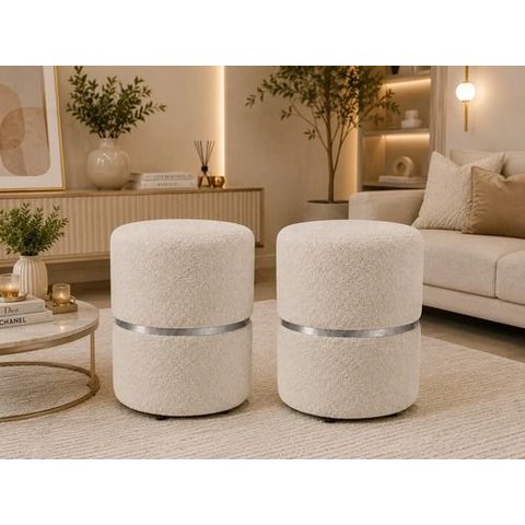 Kit de Puff com Cinta no Meio Prata, Cor Palha Boucle - Let Móveis