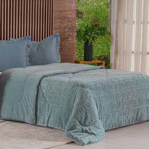 Edredom Casal Plush Sense Dupla Face 100% Poliéster 210x230cm Tessi Azul Mineral