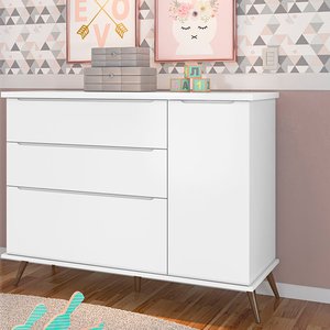 Comoda retro para quarto de bebe 3 Gavetas 1 Porta Melinda Branco