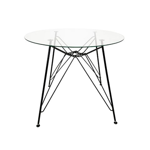 Mesa Eames Ferro Eiffel Cor Preta de Jantar ou Cozinha para 4 Lugares com Tampo de Vidro Redondo 90c