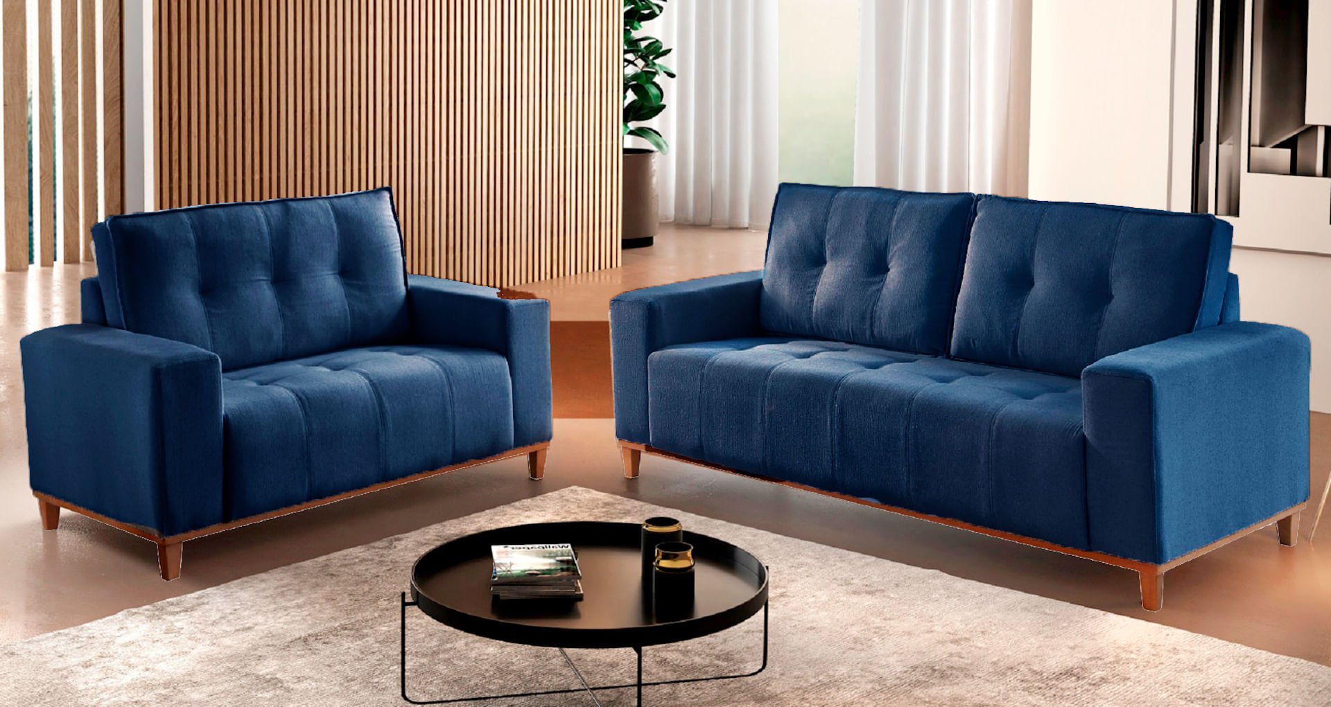 Conjunto Sofás de 2 e 3 Lugares Rondomóveis 500 Camurça Azul Camurça Petróleo MadeiraMadeira