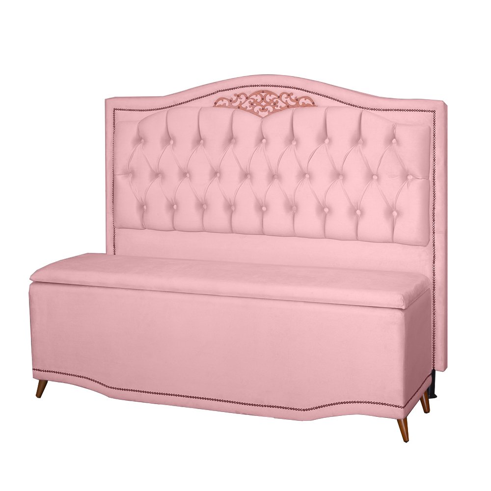 Kit Cabeceira e Calçadeira Baú Maitê Casal Queen 160cm Veludo Rosa Bebê - Montanaris Decor Md Montan