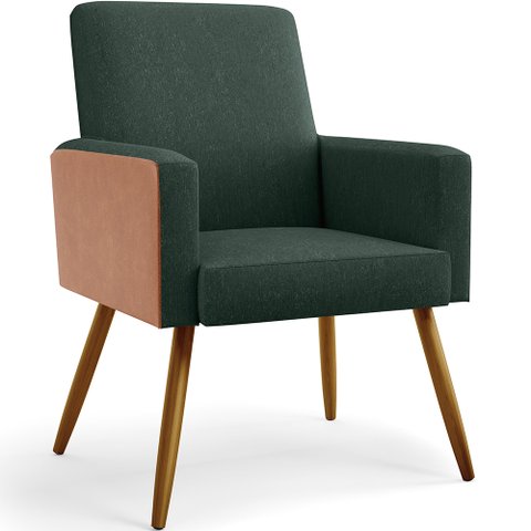 Poltrona Decorativa Maria W01 Pés Palito Linho Verde Musgo Couríssimo Camel - Lyam Decor