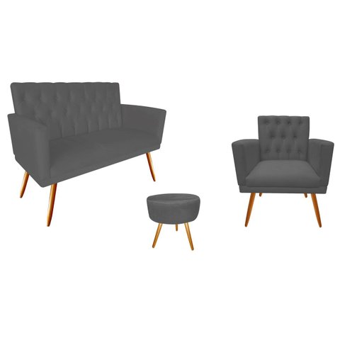 Kit Namoradeira + 1 Poltrona Decorativa Nina Capitonê + Puff Redondo Suede Cinza Pés Madeira Ms Deco
