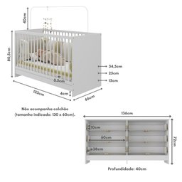 Berço 3 em 1 para Colchão 130 X 60cm com Cômoda Framboesa Multimóveis Mp4295 Branco - 6