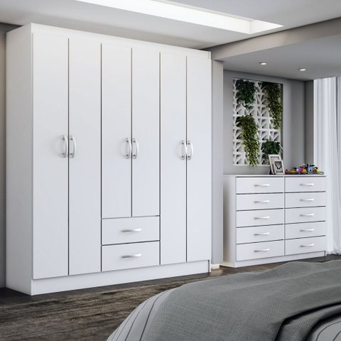 Guarda-roupa Casal Maya 6 Portas 2 Gavetas com Cômoda 10 Gavetas Branco - Panorama Móveis